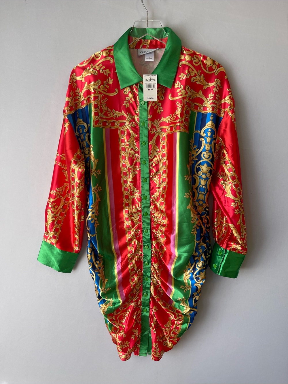 Curvy Girl Baroque Print Ruched Button-Front Shirt Dress 1X NWT